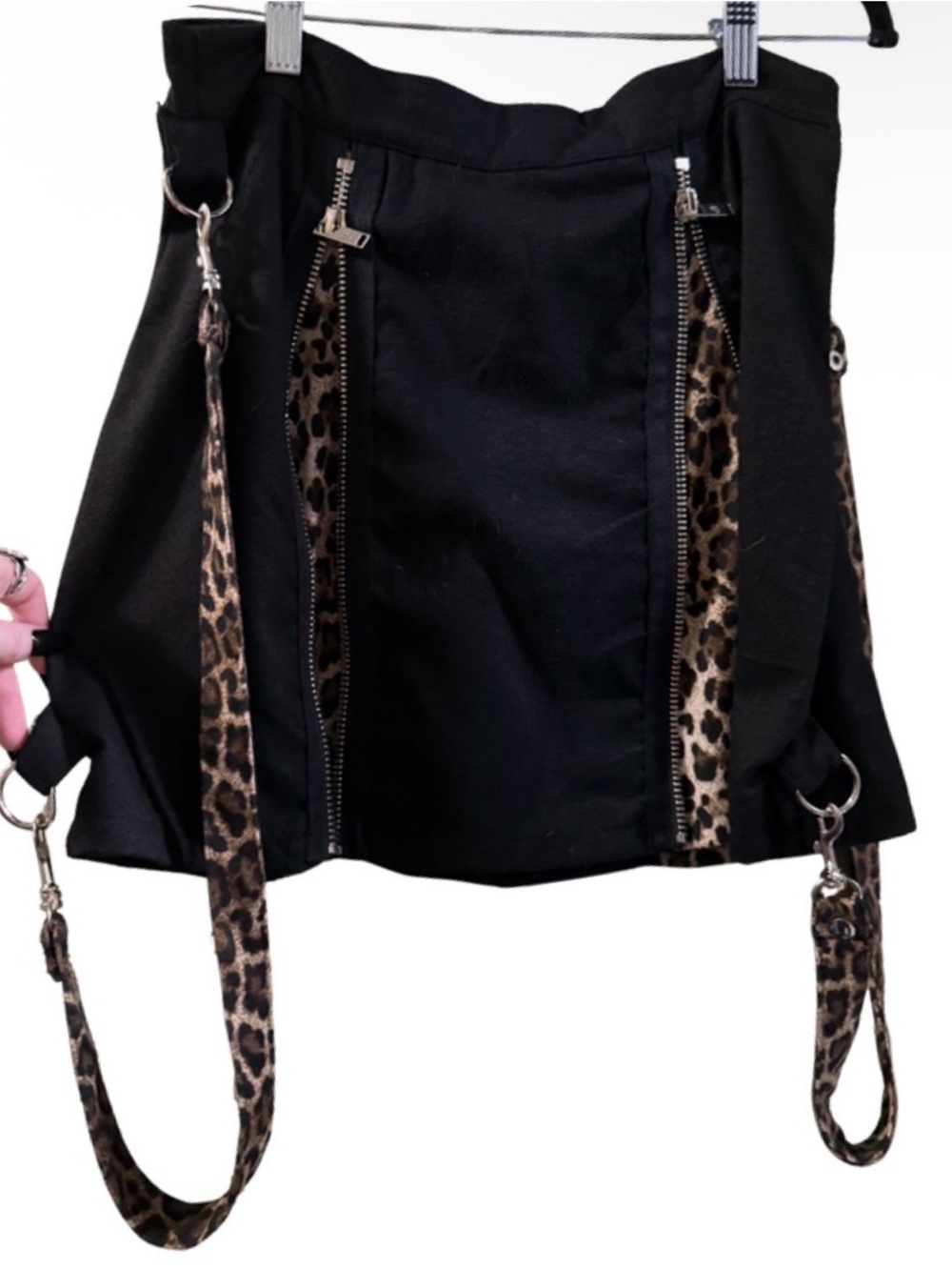 Current Mood Black Mini Skirt with Leopard Trim and Suspenders with Zip Detail